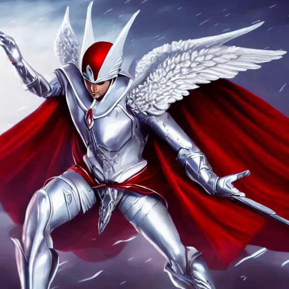 Image similar to cinematic full body shot of a male angel flying, white metallic armor, red cape, elegant pose, detailed arms, detailed white armor, two arms, two legs, detailed fanart, rpg art, d&d art, macro art, digital art, DeviantArt, artstation, 8k HD