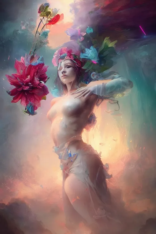 Prompt: beautiful girl necromancer covered with rainbow, 3 d render, hyper realistic detailed portrait, holding magic flowers, ruan jia, wlop. scifi, fantasy, hyper detailed, octane render, concept art, peter mohrbacher