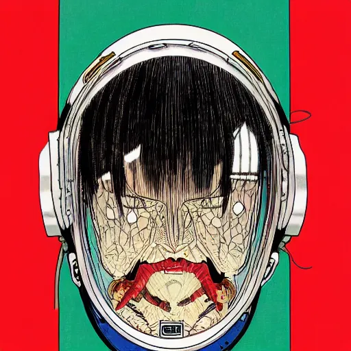 Image similar to portrait of female demon naraka astronaut painted in miyazaki color style drawn by katsuhiro otomo and takato yamamoto, high detail, intricate linework, sharp, smooth face, china doll face, high detail, manga and anime