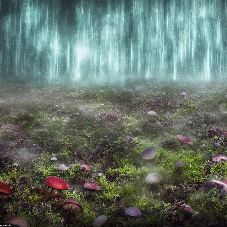 Image similar to a planet of various fungus, mushrooms and plants, inside the picture is infinity, Atmospheric phenomenon, artistic photography, muted colors, conceptual, long exposure outside the city, volumetric light