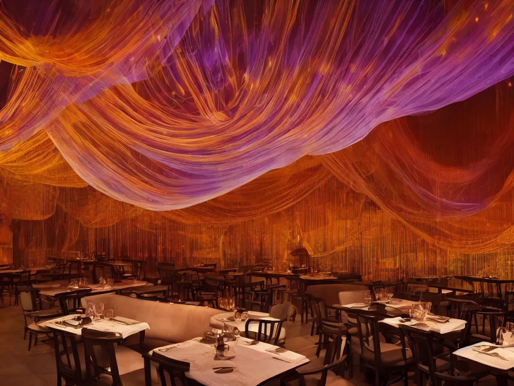 Prompt: drapes with curved translucent drapes projecting detailed sci - fi art, pixel perfect photograph, high contrast, volumetric lighting, thin glowing lights, restaurant, chairs, users, pair of keys