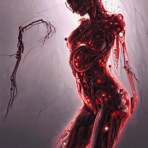 Image similar to Emily Ratajkowski is a bio mechanical cyborg, physically accurate, very dramatic dynamic lighting, intricate, very very elegant, blood red pool of water, highly detailed, digital painting, artstation, very hyperrealistic, HR GIGER, Hieronymus Bosch, Francis Bacon, concept art, smooth, sharp focus, illustration, art by artgerm and greg rutkowski and alphonse mucha