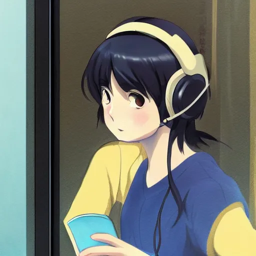 Prompt: Anime painting of a black haired girl wearing headphones while studying in her warm cozy home, behind her a cold window, by makoto shinkai, relaxed, calm, trending on artstation, kimi no na wa