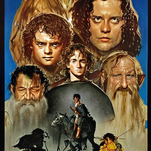 Prompt: variations on the legendary theatrical release poster of ralph bakshi lord of the rings movie, artist norman rockwell