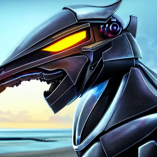 Image similar to high quality close up headshot of a cute beautiful stunning robot anthropomorphic female dragon, with sleek silver armor, a black OLED visor over the eyes, looking at the camera, her sharp dragon maw open in front of the camera, camera looking down into the detailed living maw, about to consume you, on the beach at sunset, highly detailed digital art, furry art, anthro art, sci fi, warframe art, destiny art, high quality, 3D realistic, mawshot, dragon art, Furaffinity, Deviantart