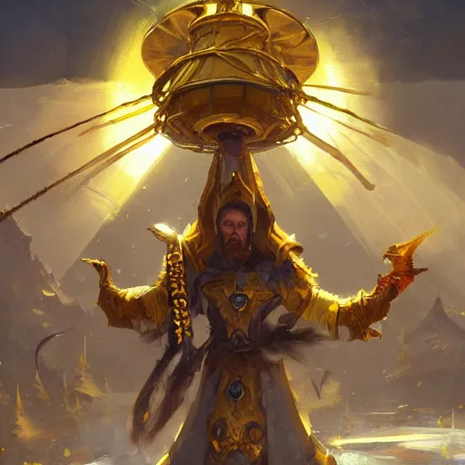 Image similar to a holy giant ringing bell made of gold, yellow theme, bright art masterpiece artstation. 8 k, sharp high quality artwork in style of jose daniel cabrera pena and greg rutkowski, concept art by tooth wu, blizzard warcraft artwork, hearthstone card game artwork, giant ringing bell