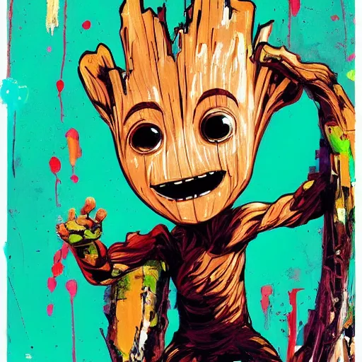 Prompt: a happy baby groot art by ashley wood, jim mahfood, traditional painting, yoji shinkawa, jamie hewlett, 6 0's french movie poster, french impressionism, vivid colors, palette knife and brush strokes, paint drips, 8 k, hd, high resolution print
