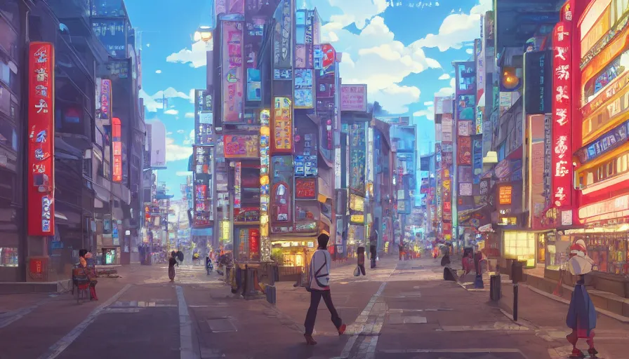 Image similar to A highly detailed matte painting of a tokyo street with a bright shimmering sky by Studio Ghibli, Mokoto Shinkai, by Artgerm, by beeple, volumetric lighting, octane render, 4K resolution, trending on artstation, vivid colours