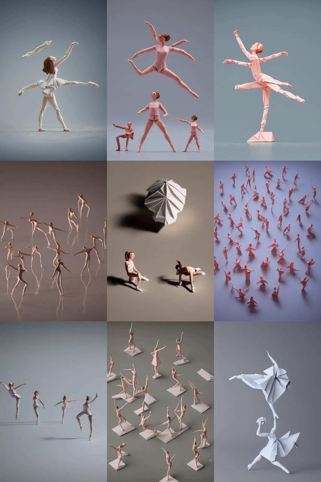 Prompt: beautiful three point perspective film still of funko pop origami holly herndon character study in merce cunningham, extreme closeup portrait in style of frontiers in miniature porcelain photography fashion architectural art studio edition, miniature ballerina figurines, pointe poses, tilt shift background, soft lighting, kodak portra 4 0 0, 8 k, macro, cinematic style by emmanuel lubezki