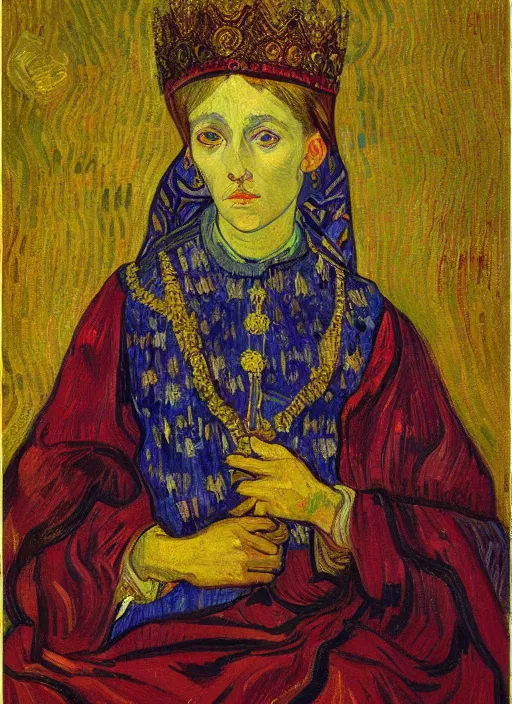 Image similar to !! portrait of a byzantine empress!! by van gogh, detailed face expressionist oil painting masterpiece, 8 k resolution, smooth, sharp focus, pastel color palette, trending on artstation