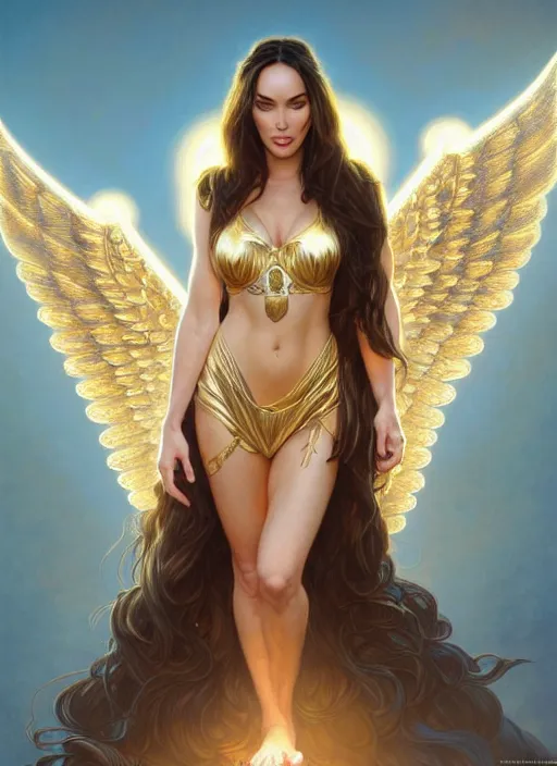 Image similar to portrait of megan fox as an blonde angel, wings, bible, corona, gold, jewelry, intricate, headshot, highly detailed, digital painting, artstation, concept art, sharp focus, cinematic lighting, illustration, art by artgerm and greg rutkowski, alphonse mucha, cgsociety