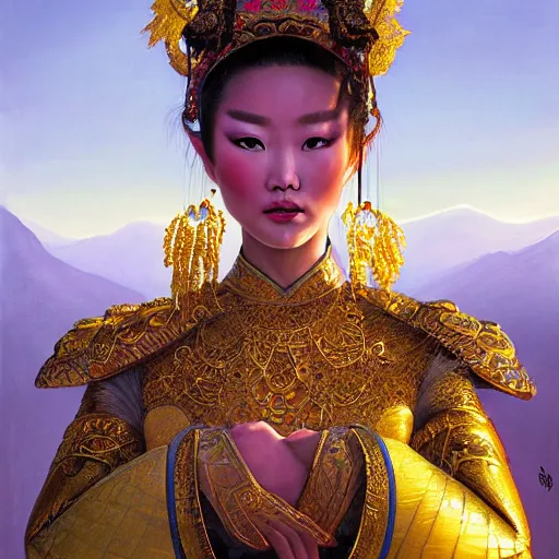 Image similar to beautiful closeup portrait of a gorgeous mongolian princess in a sensual pose covered with golden ornate armor, centered face, with full makeup, intricate, volumetric lighting, sharp focus, ultra detailed, artwork by bowater, charlie, brom, gerald, lake baikal in the background