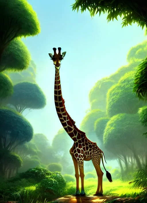 Image similar to a wholesome animation key shot of a giraffe, jungle in the background, studio ghibli, pixar and disney animation, sharp, rendered in unreal engine 5, anime key art by greg rutkowski, bloom, dramatic lighting