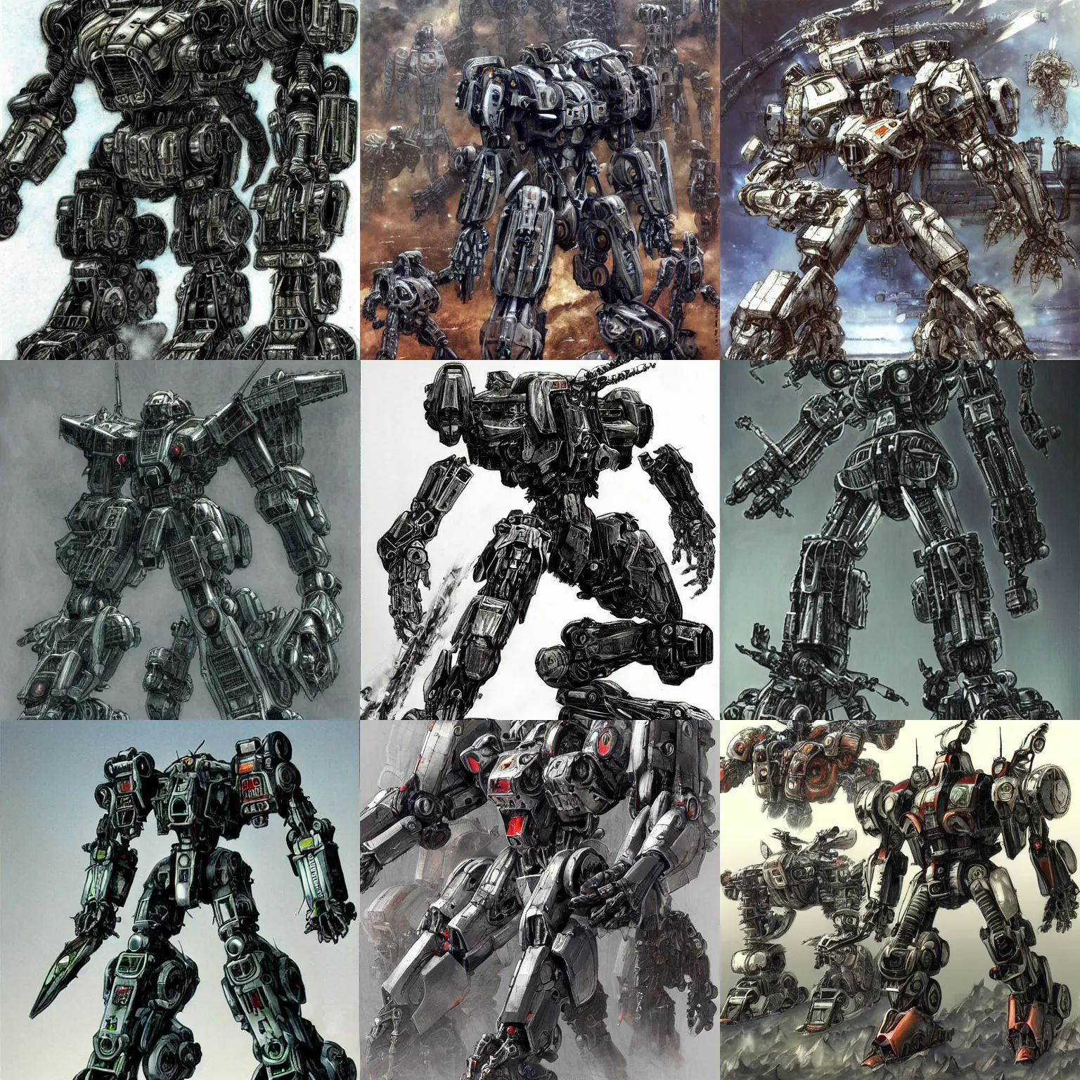 Prompt: humanoid machines of war concept art, mechs, mecha, war, biomechanical, by q hayashida, by yoshitaka amano