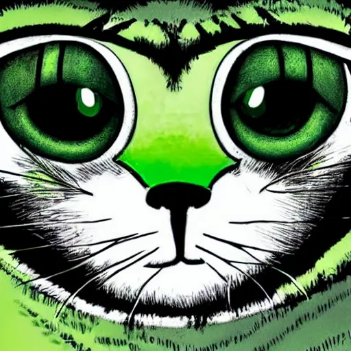 Image similar to a green cat with frog eyes