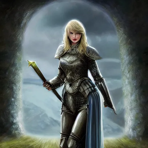 Image similar to the picture of taylor swift in a knight armor, epic fantasy art, mystical, mystic atmosphere, mythology, photo realistic, high detail, ultra realistic, hyper realistic, high definiton, 4 k uhd,