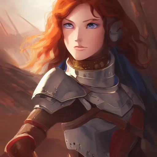 Image similar to portrait of a young redheaded woman with blue eyes and wearing armor, fighting shadowy bug demons, medieval background, highly detailed, digital painting, artstation, matte, by makoto shinkai, animation style, studio ghibli, anime key visual