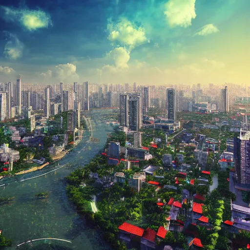 Prompt: Saigon Cityscape. Digital art. Trending on Artstation. 8k resolution.