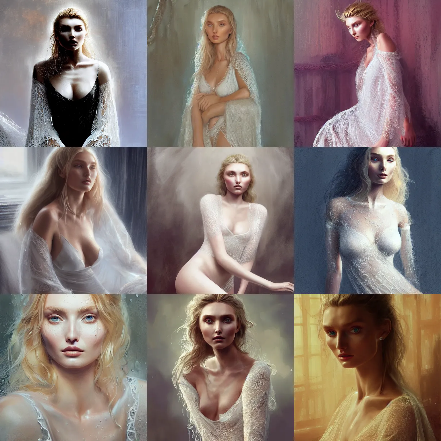 Prompt: Portrait Elsa Hosk wearing a wet white lace nightgown, intricate, highly detailed, smooth, artstation, digital illustration by Ruan Jia and Mandy Jurgens and Artgerm and Wayne Barlowe and Greg Rutkowski and Frank Frazetta