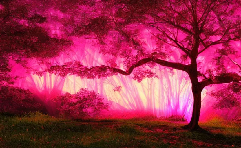 Image similar to a tree made of spiritual pink light painted by thomas cole