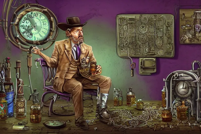 Image similar to Uncle Aloysius, snake oil salesman, wild west crypto pharmaceutical industrialist apothecary alchemist tinkerer engineer, cute, fantasy, intricate, elegant, highly detailed, digital painting, 4k, HDR, concept art, smooth, sharp focus, illustration, purple green color scheme, art by Ed Roth and H R Giger and Greg Rutowski