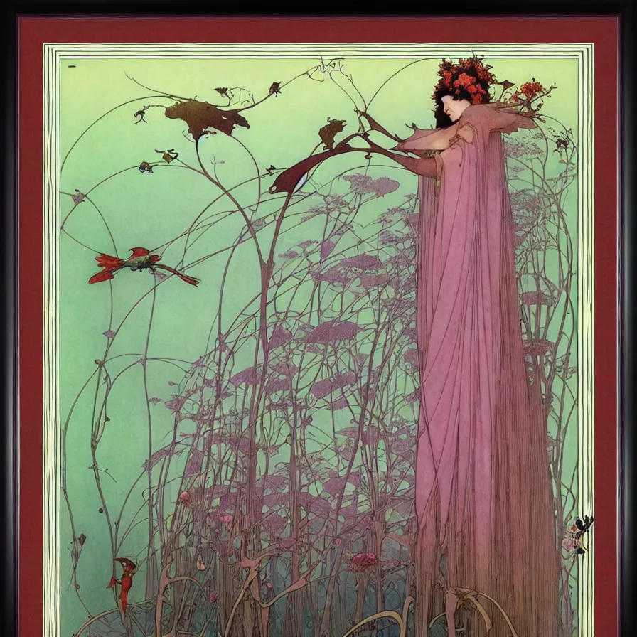 Prompt: ( ( ( beautiful strange forest and flowers and birds ) ) ) by mœbius!!!!!!!!!!!!!!!!!!!!!!!!!!!, overdetailed art, colorful, record jacket, cover art design, decorative frame like alfons maria mucha