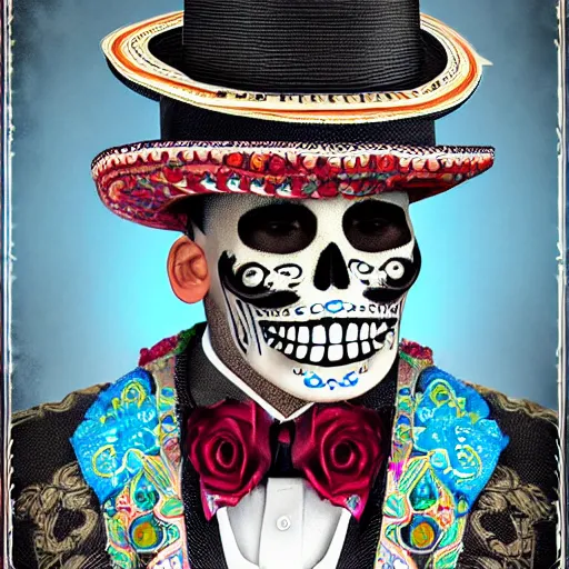 Prompt: Exquisitely dressed calavera mariachi with a intricate Sombrero portrait, 8K resolution, digital art, hyper realistic, intricately detailed, Trending on Artstation, award winning image