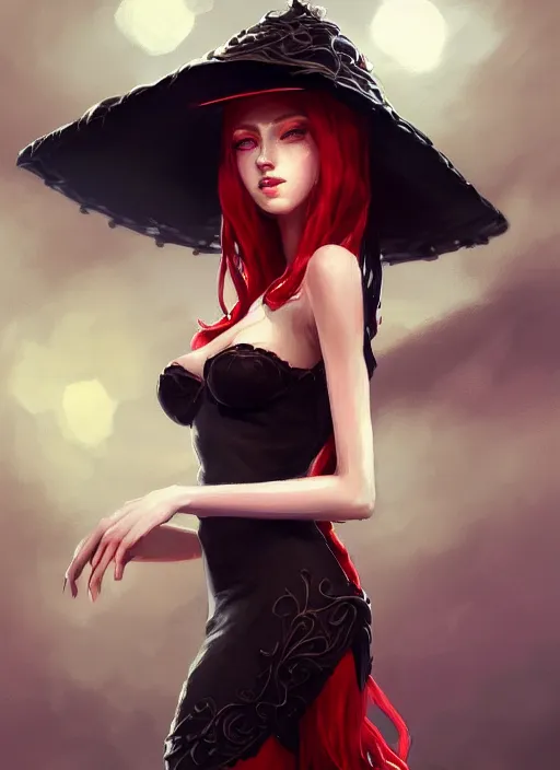 Image similar to a highly detailed illustration of tall beautiful red haired lady wearing black spaghetti strap noir style dress and sun hat, elegant stroking face pose, intricate, elegant, highly detailed, centered, digital painting, artstation, concept art, smooth, sharp focus, league of legends concept art, wlop.