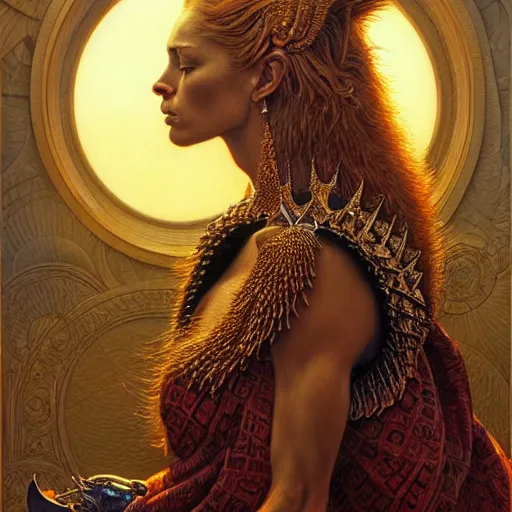 Image similar to highly detailed portrait of a majestic lioness queen in the form of a beautiful woman. d & d. art by donato giancola, brian bolland, ruan jia, peter lindbergh. trending on artstation, intricate details, energetic composition, golden ratio, concept art, illustration, elegant art, global illuminaition