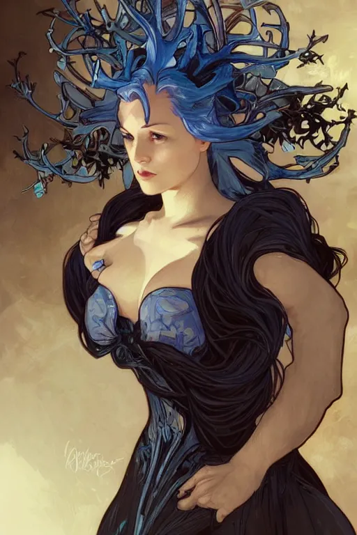 Image similar to fullbody!! dynamic action pose illustration, art by artgerm and greg rutkowski and alphonse mucha, beautiful woman with blue hair, antlers on her head, long flowing intricate black dress, dnd, face, fantasy, intricate, elegant, highly detailed, digital painting, artstation, concept art, smooth, sharp focus,