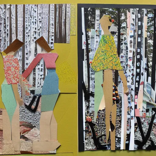 Image similar to paper collage art made of cut up magazines depicting two women holding hands in a forest during summer