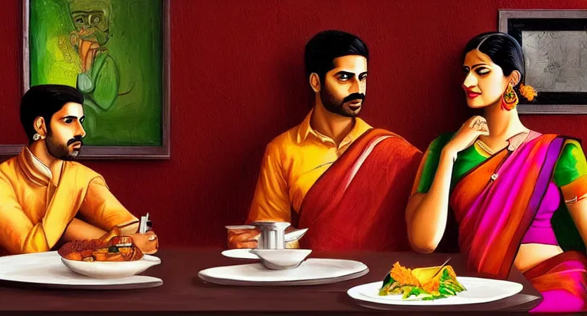 Image similar to a guy and girl on a date in a restaurant, saree, desi, art by salman toor. faithfully depicted facial expression, perfect anatomy, sharp focus, global illumination, radiant light, detailed and intricate environment, trending on artstation