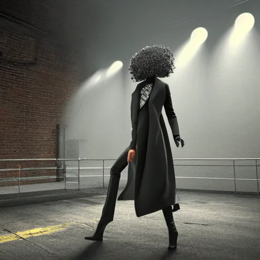 Image similar to robot runway model, hyper detailed ultrasharp beautiful, robotic face, long curly hair, wearing a long tan coat, high fashion, haute couture, cluttered abandoned warehouse environment, dramatic lighting, octane render, 8 k