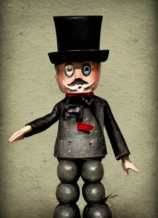 Image similar to closeup of a tin toy jack the ripper wearing a top hat, depth of field, zeiss lens, detailed, symmetrical, centered, fashion photoshoot, by nicoletta ceccoli, mark ryden, lostfish, earl nore, hyung tae, frank frazetta, breathtaking, 8 k resolution, extremely detailed, beautiful, establishing shot, artistic, hyperrealistic, octane render