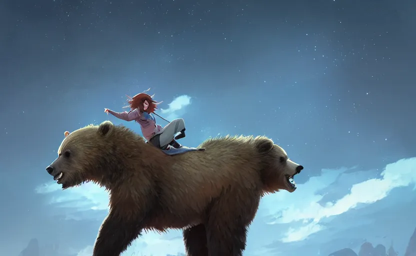 Image similar to a girl riding a grizzly bear, full shot, atmospheric lighting, detailed faces, by makoto shinkai, stanley artgerm lau, wlop, rossdraws