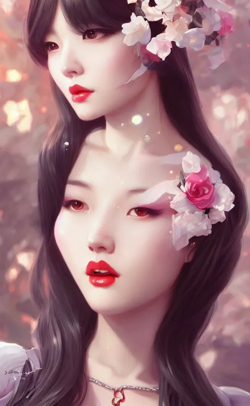 Image similar to a pin up and beautiful fashion charming dreamlke korea girl with lv jewelry, character art, art by artgerm lau and kyoung hwan kim and and ilya kuvshinov and john singer sargent, hyperdetailed, 8 k realistic, symmetrical, frostbite 3 engine, cryengine, dof, trending on artstation, digital art