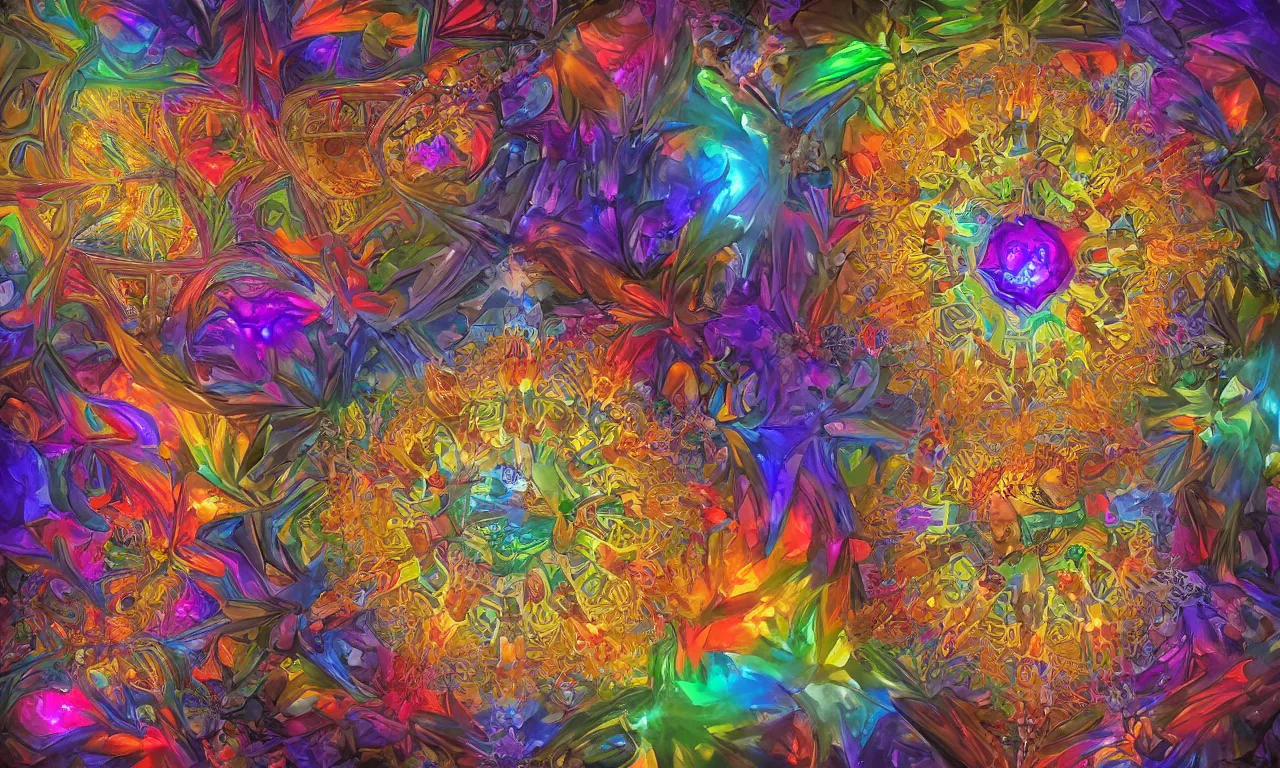 Image similar to voronoi engine laboratory 3 d volume kaleidoscope mandala fractal chakra digital multicolor stylized concept substance by artgerm, rossdraws, norman rockwell, magali villeneuve, gil elvgren, alberto vargas, earl moran, enoch bolles radiating a glowing aura global illumination ray tracing hdr