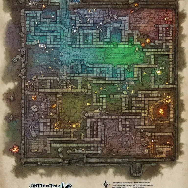 Prompt: full - color fantasy floor plan map of a dungeon, d & d, pathfinder, by jeff todd and greg rutkowski, trending on artstation, pinterest