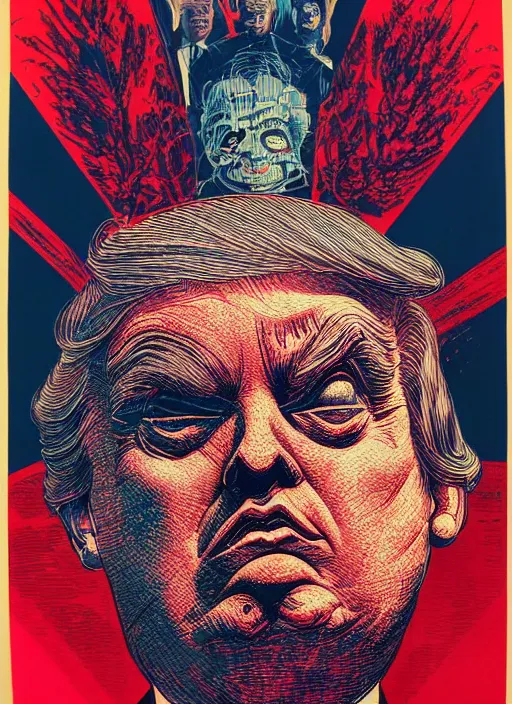 Image similar to risograph of donald trump's grotesque true form revealed, horror, high details, intricate details, by vincent di fate, artgerm julie bell beeple, 1 9 8 0 s, inking, vintage 8 0 s print, screen print