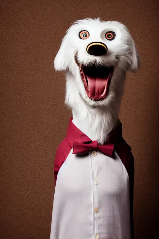 Prompt: anthropomorphic dog that looks like a man, wearing a shirt, full body portrait photo, realistic, studio lighting, professional photography, nikon 5 0 mm f / 1. 8 g, canon