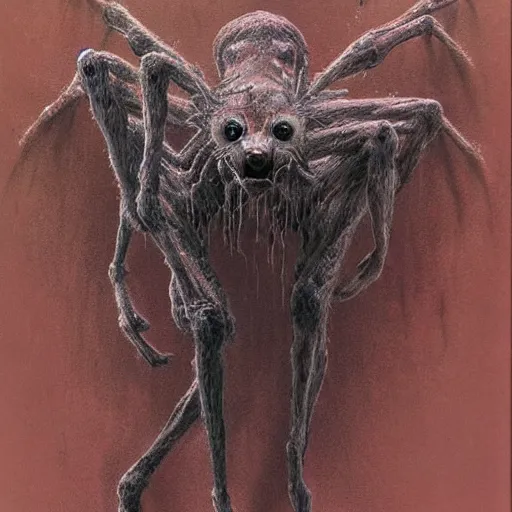 Image similar to spider morphed with hyena, many legs and eyes, large web, highly detailed beksinski art,