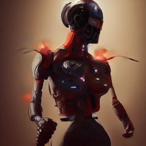 Image similar to body portrait of cyborg ninja, dynamic pose, extremely detailed, jama jurabaev, greig fraser, roger deakins, shaddy safadi, feng shu, neil blevins, trending on artstation, high quality, brush stroke