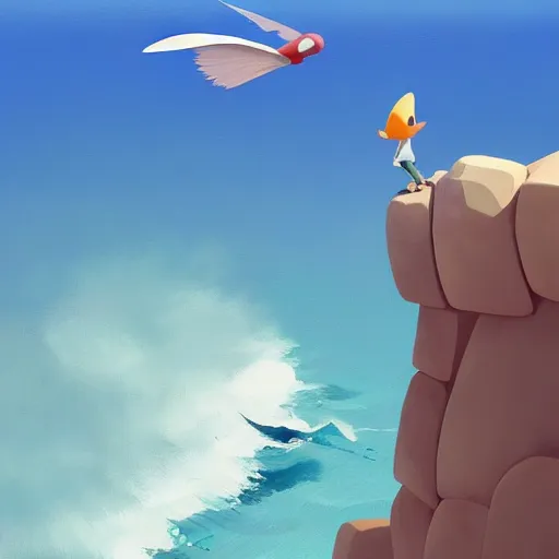 Image similar to goro fujita ilustration view from the sky of a bird with open wings full of feathers, flying over the ocean with waves and rocks, painting by goro fujita, sharp focus, highly detailed, artstation