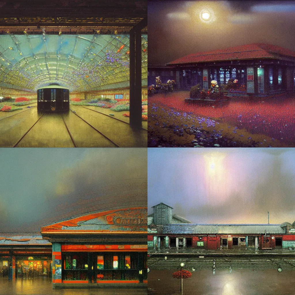 Prompt: detailed painting of a ponds station, exterior, floral ornaments, volumetrics lights, beam of bright lights through the clouds, beksinski, bougeureau