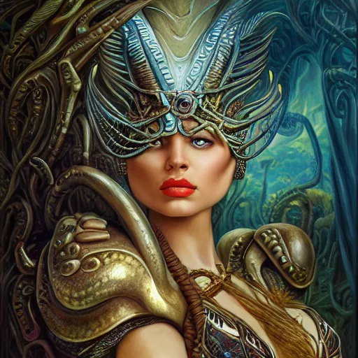 Image similar to Mystical Valkyrie, Portrait of a beautiful female Atlantean Reptilian Warrior, Realistic, Regal, Refined, Detailed Digital Art, Michael Cheval, Walt Disney (1937), François Boucher, Oil Painting, Steampunk, Highly Detailed, Cinematic Lighting, Unreal Engine, 8k, HD