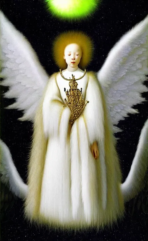 Image similar to highdetailed hyperrealistic painting of white angel!!! no gender!!!, giant ball of miracle light from the chest!!!!!, white sparkles everywhere, 4 k hd fur face!!!, big wings, by jan van eyck, holography space, glow effect, large strokes, white monochrome color!!!!!