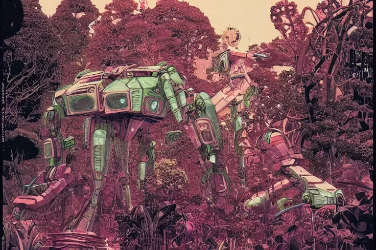 Image similar to gigantic man head, a lot of exotic vegetation around, trees, tremendous mecha robot, flowers, risograph!, oldschool vintage sci - fi flat surreal design, super - detailed, painting by moebius and satoshi kon and jodorwski