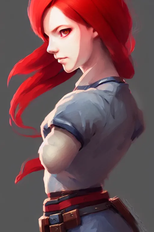 Image similar to longshot, 3 / 4 view of a red headed woman in villager cosplay from super smash brothers intricate, elegant, sharp focus, illustration, highly detailed, concept art, matte, trending on artstation, anime, art by wlop and artgerm and greg rutkowski, ilya kuvshinov, strong strokes,