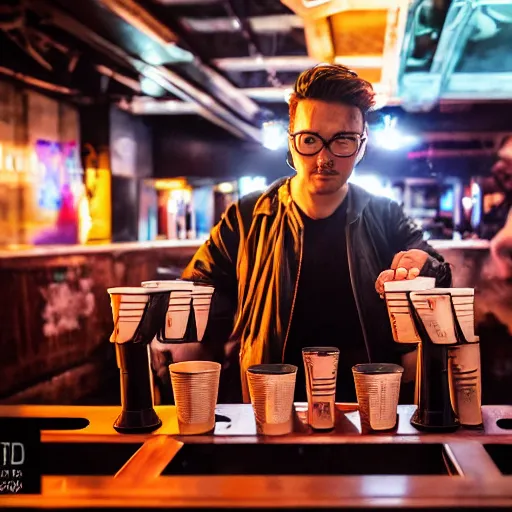 Image similar to photograph of retro techwear people with solo cups loitering near the bar of a packed busy rundown nightclub, retrofuturism, brutalism, cyberpunk, sigma 85mm f/1.4, 35mm, 4k, depth of field, high resolution, 4k, 8k, hd, highly detailed, full color