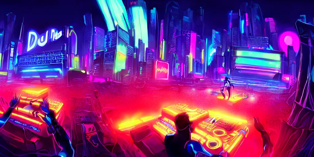 Image similar to dj plays big music at the biggest festivals in the world to a huge crowd, with lots of blaring neon lights in the spirit of synthwave, highly detailed, digital painting, artstation, concept art, matte, sharp focus, illustration, art by artgerm and greg rutkowski and mike mignogna